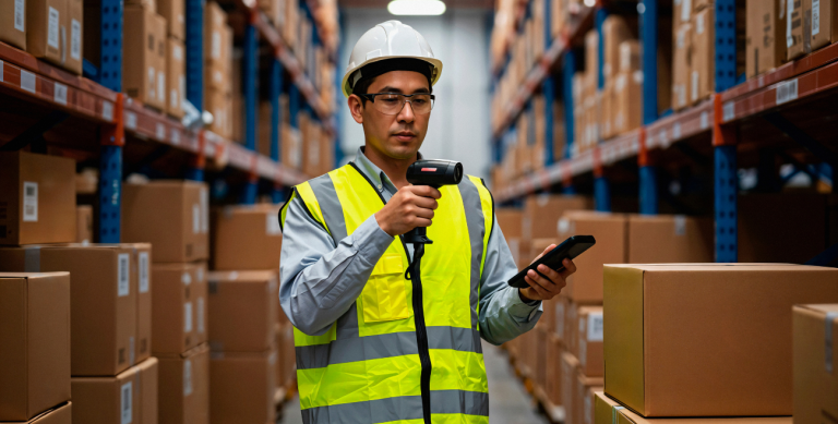 Funcionário de armazém escaneando o estoque em um depósito.